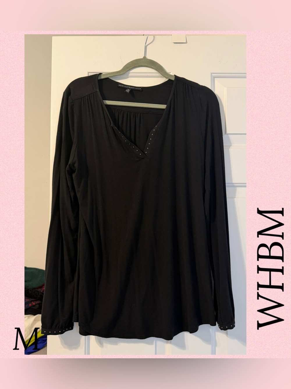White House Black Market Black Long-Sleeve V-Neck Top with Stud Trim